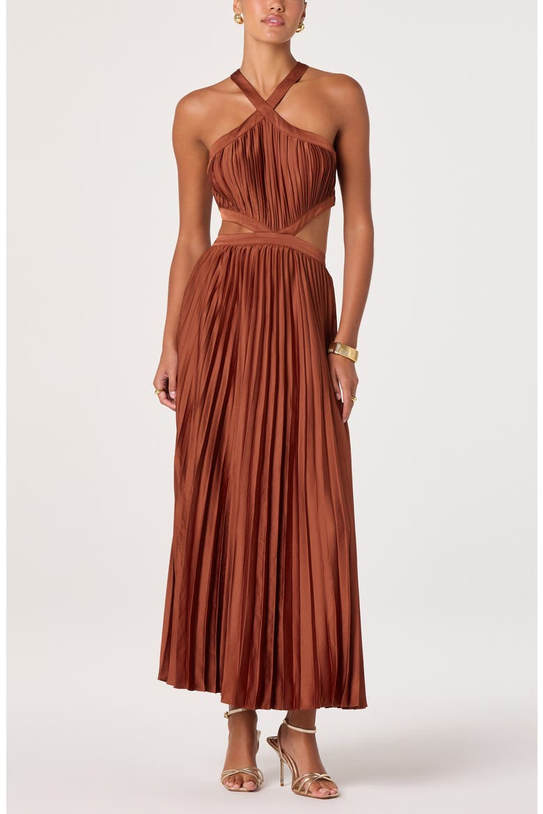 Vera Pleated Cutout Satin Maxi Dress, Main, color, RUST