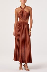 ASTR the Label Vera Pleated Cutout Satin Maxi Dress