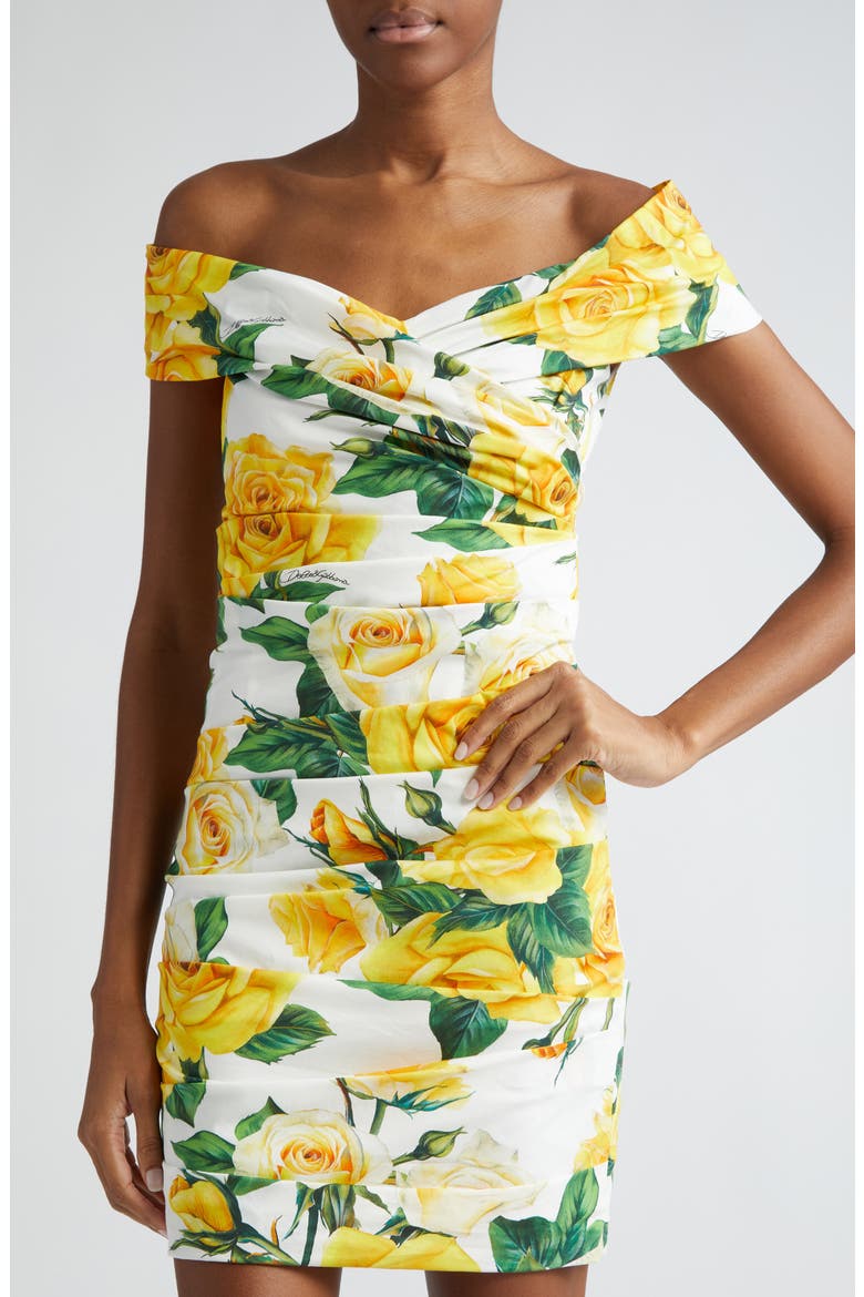Rose Print Off the Shoulder Stretch Cotton Minidress, Alternate, color, WHITE/ ROSES