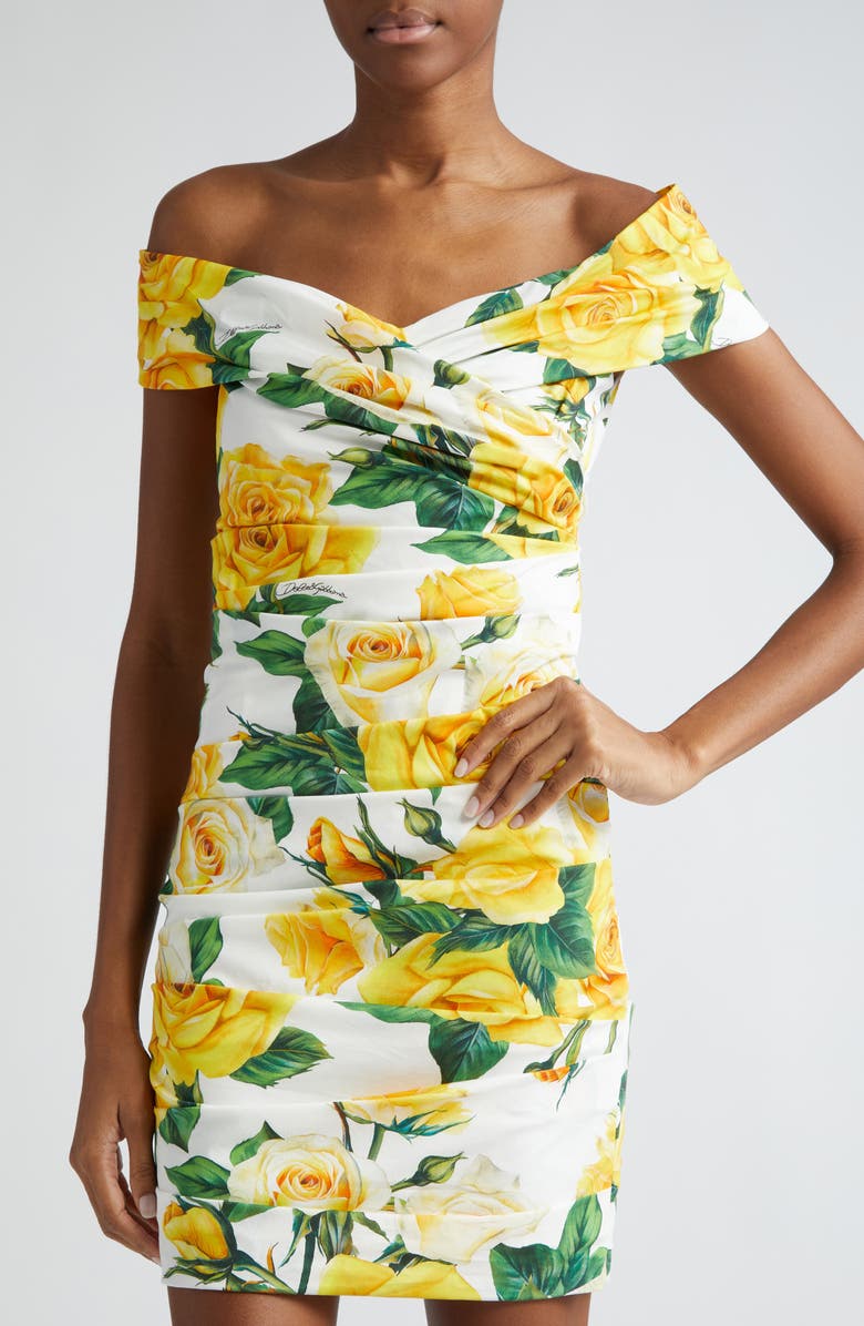 Dolce&Gabbana Rose Print Off the Shoulder Stretch Cotton Minidress, Alternate, color, 