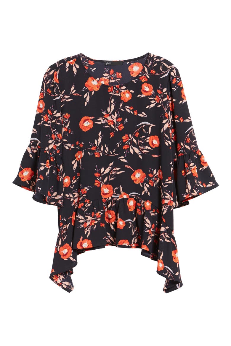 Gibson Ruffled Handkerchief Hem Top, Alternate, color, NAVY/ FLORAL PRINT