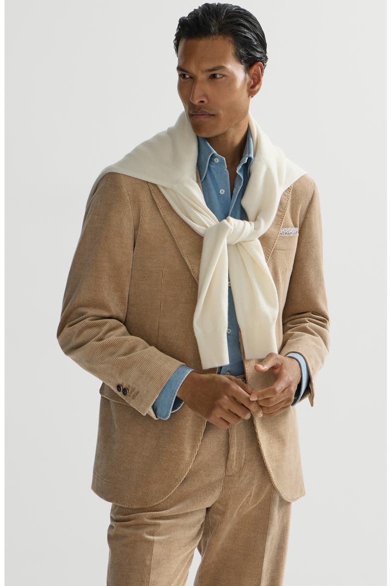Comfort cotton and cashmere corduroy deconstructed blazer with large peak lapels and metal buttons, Alternate, color, Camel