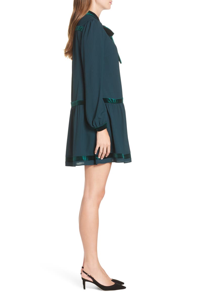 Velvet Trim Tie Neck Dress, Alternate, color, GREEN PONDEROSA