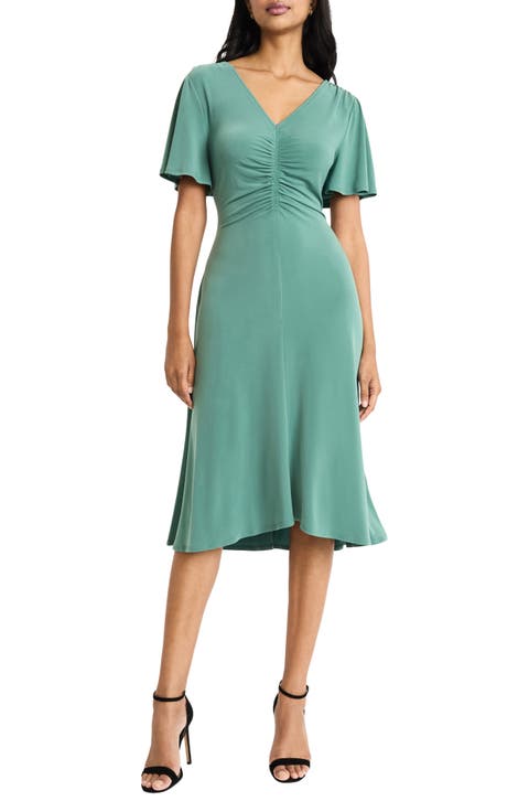 Flutter Sleeve Ruched Midi Dress