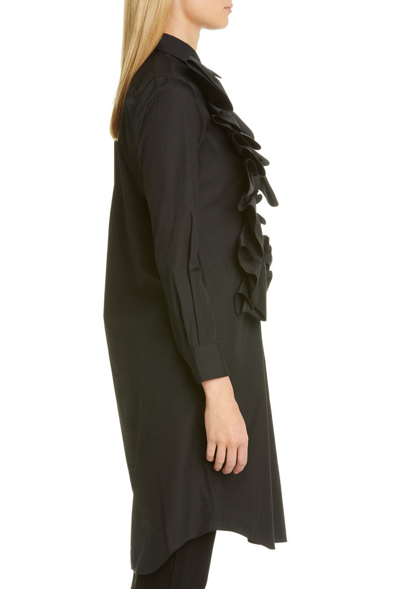 Ruffle Placket Long Cotton Shirt, Alternate, color, BLACK