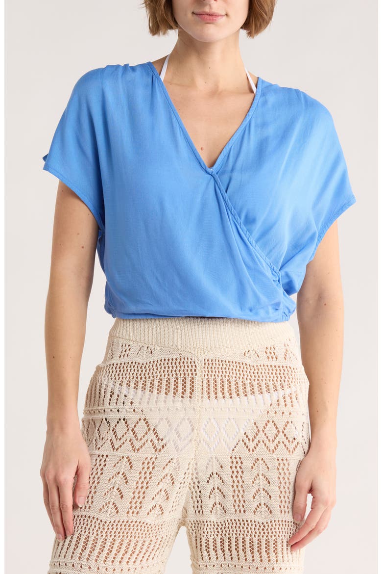 Short Sleeve Faux Wrap Cover-Up Crop Top, Main, color, BLUE