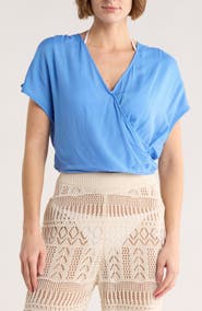 Elan Short Sleeve Faux Wrap Cover-Up Crop Top