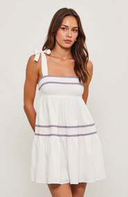 Modenaire Sleeveless Tiered Mini Dress with Embroidered Trim and Tie Straps