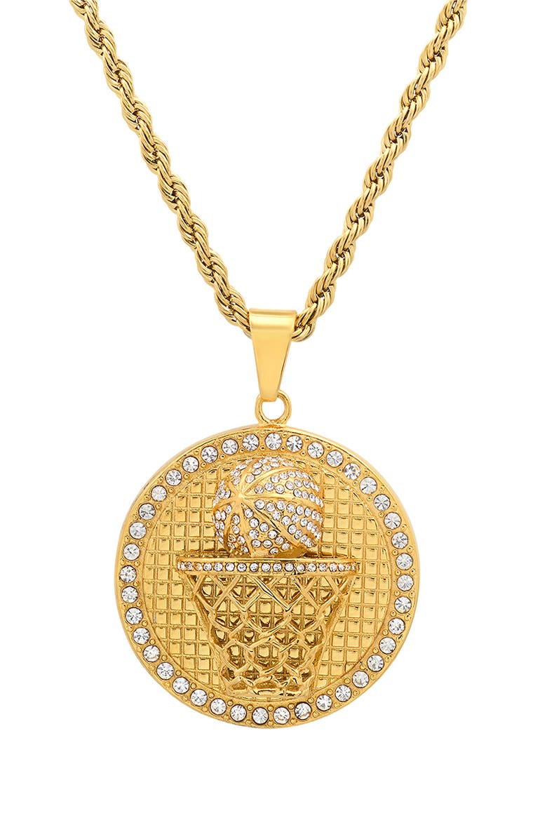 HMY JEWELRY Mens' 18K Gold Plate Stainless Steel Crystal Pavé Basketball Pendant Necklace, Main, color, Gold