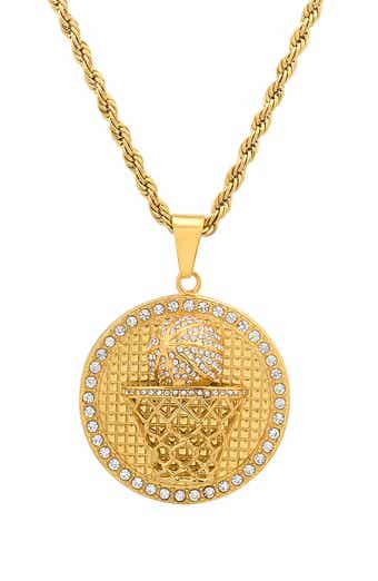 Mens' 18K Gold Plate Stainless Steel Crystal Pavé Basketball Pendant Necklace
