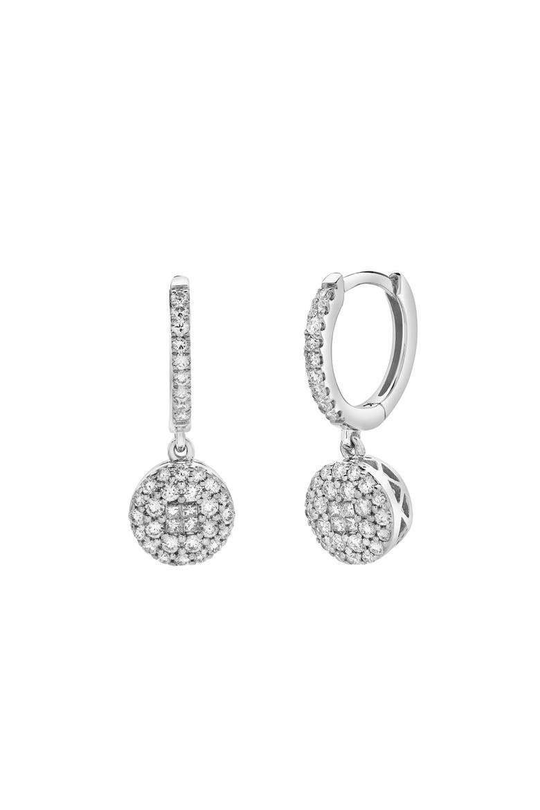 Zinnia Pave Round Diamond Drop Huggie Hoop Earrings in 14K Gold, Main, color, 14K White Gold