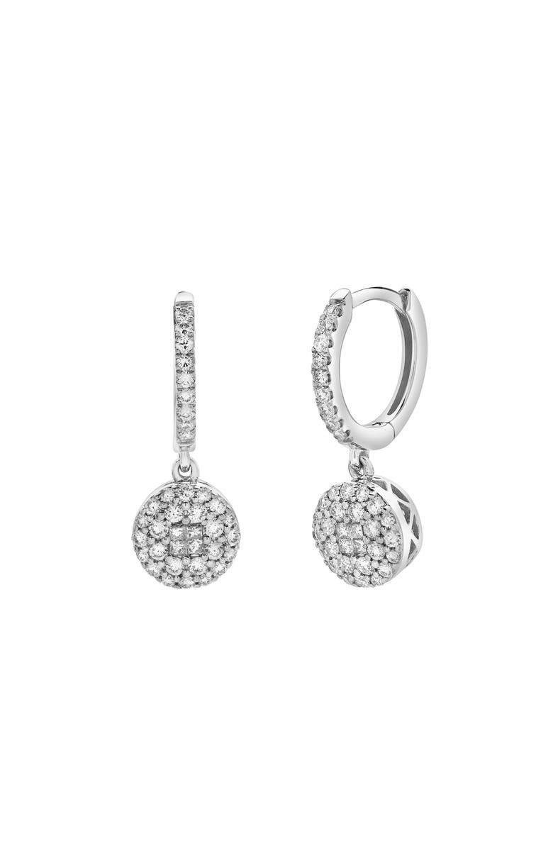 LuvMyJewelry Zinnia Pave Round Diamond Drop Huggie Hoop Earrings in 14K Gold, Main, color, 14K White Gold