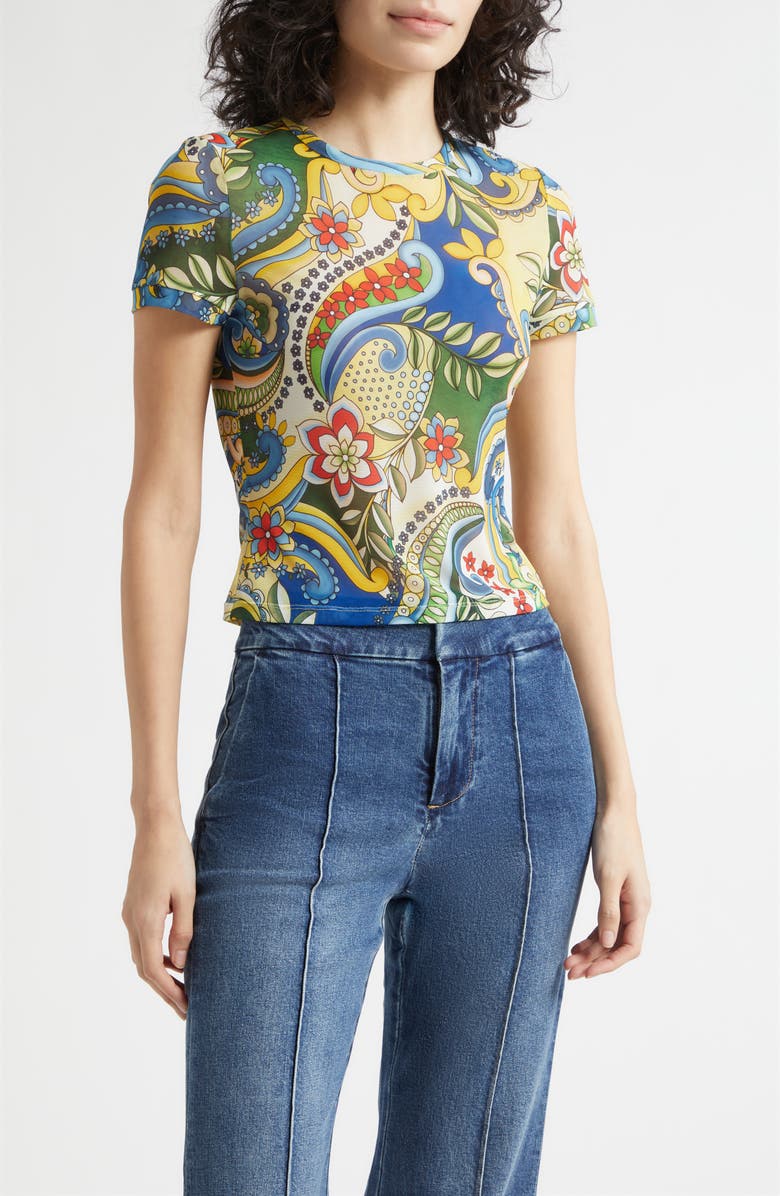 Alice + Olivia Tess Stretch Mesh T-Shirt, Main, color, Heat Wave