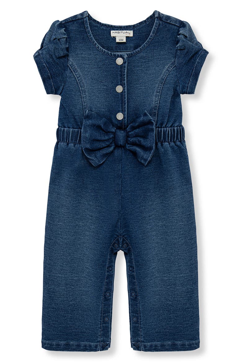 Bow Front Puff Sleeve Cotton Blend Knit Denim Jumpsuit, Main, color, DENIM