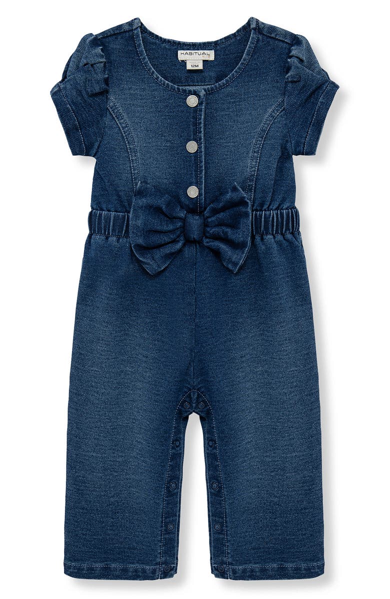 Habitual Kids Bow Front Puff Sleeve Cotton Blend Knit Denim Jumpsuit, Main, color, Denim