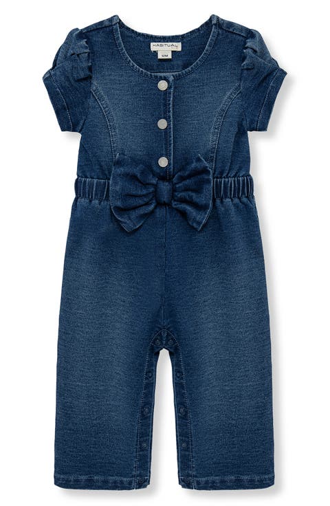 Bow Front Puff Sleeve Cotton Blend Chambray Jumpsuit (Baby)