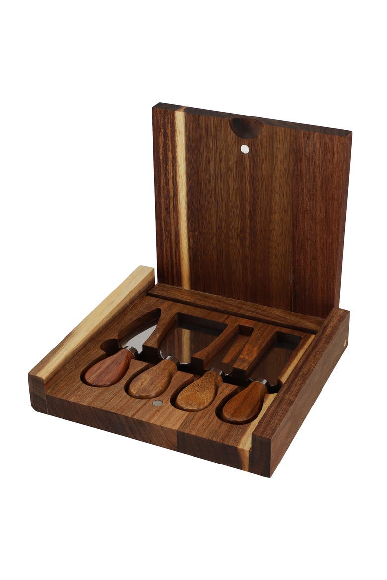 Acacia Wood 5 Piece Square Cheese Board with Knife Set, Alternate, color, Acacia