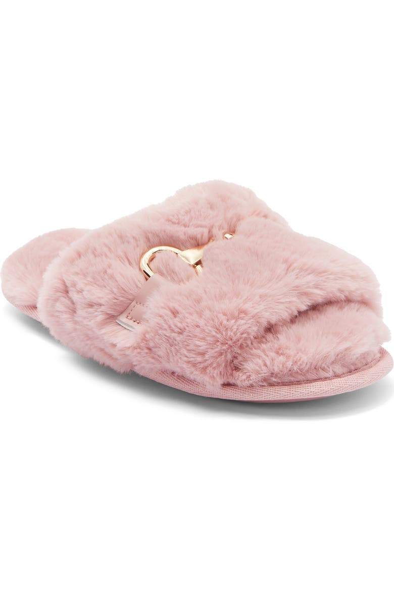 BCBG Plush Horsebit Faux Fur Slipper, Main, color, Blush