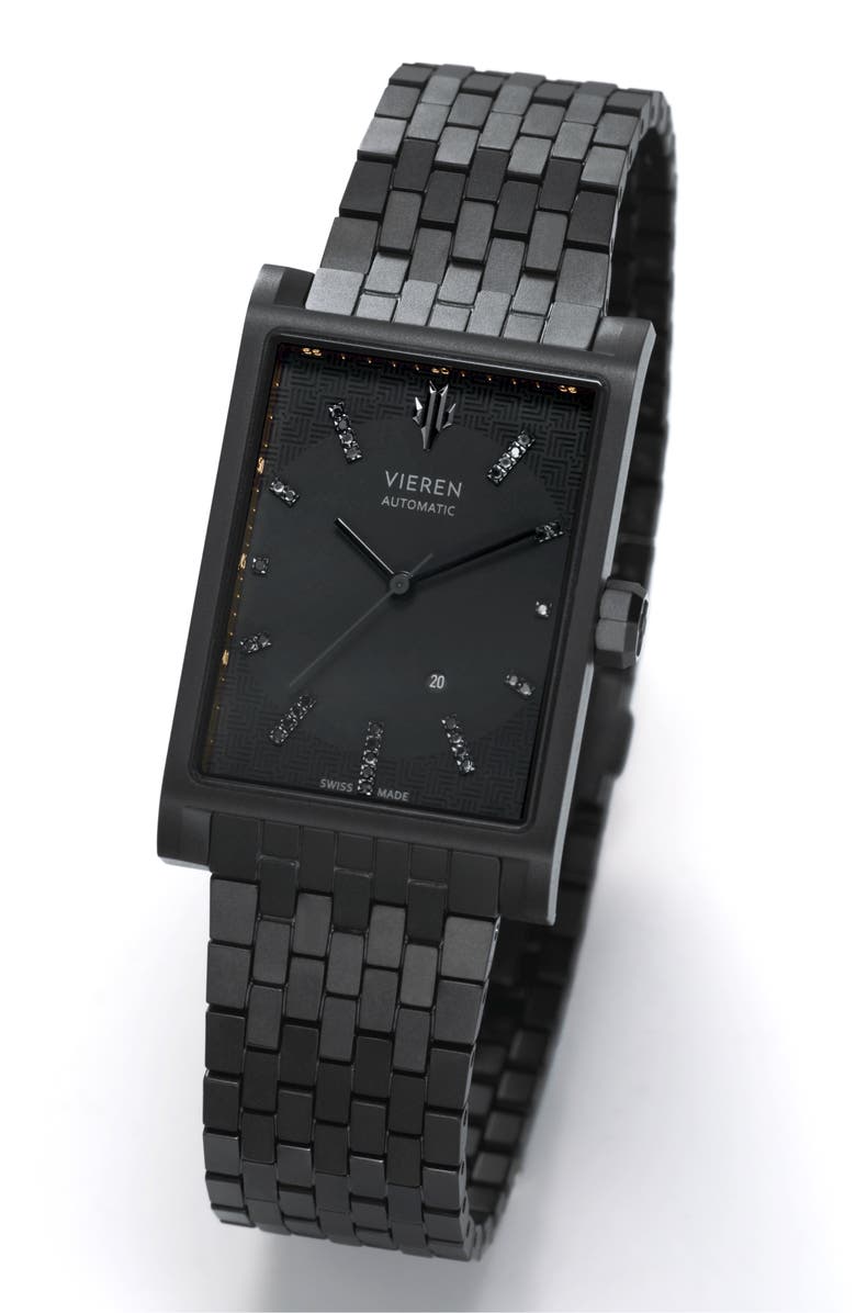 VIEREN Black Diamond Swiss Automatic Watch, Alternate, color, Black