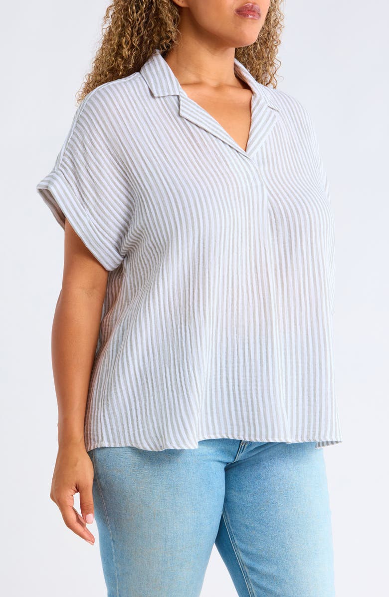 beachlunchlounge Arin Stripe Short Sleeve Cotton Button-Up Shirt, Alternate, color, Rosemary