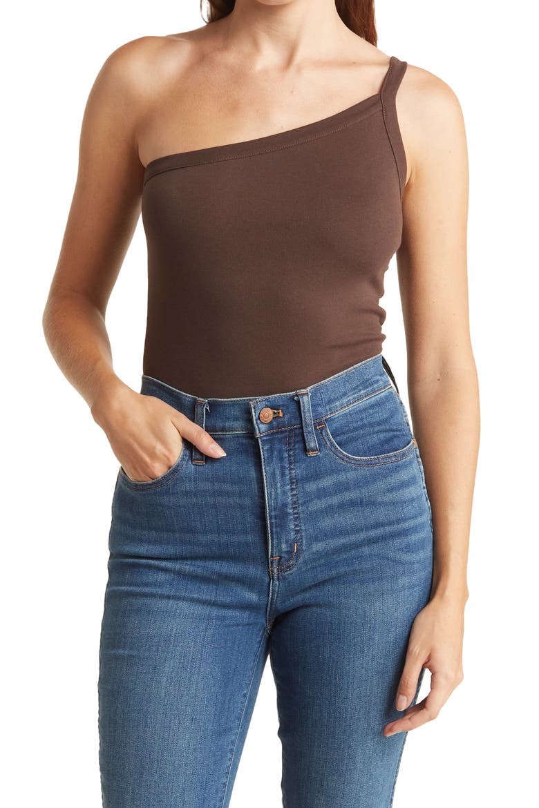 One Shoulder Knit Bodysuit, Main, color, BROWN JAVA