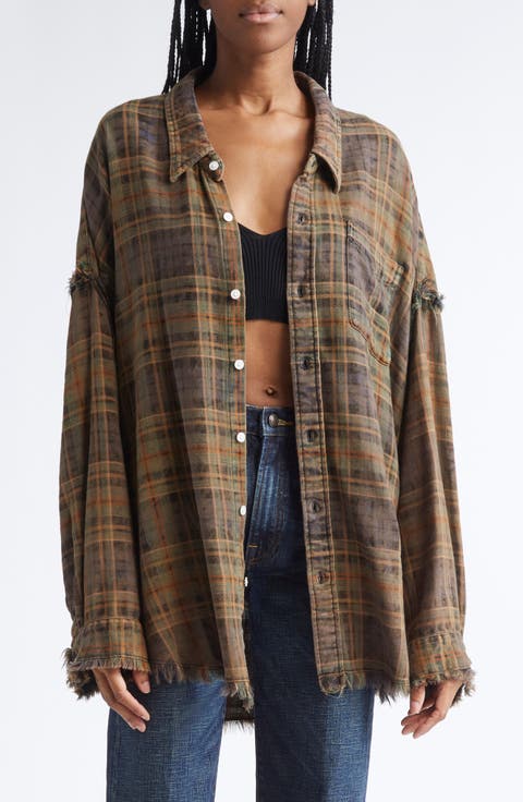 Shredded Seam Drop Neck Plaid Flannel Button-Up Shirt