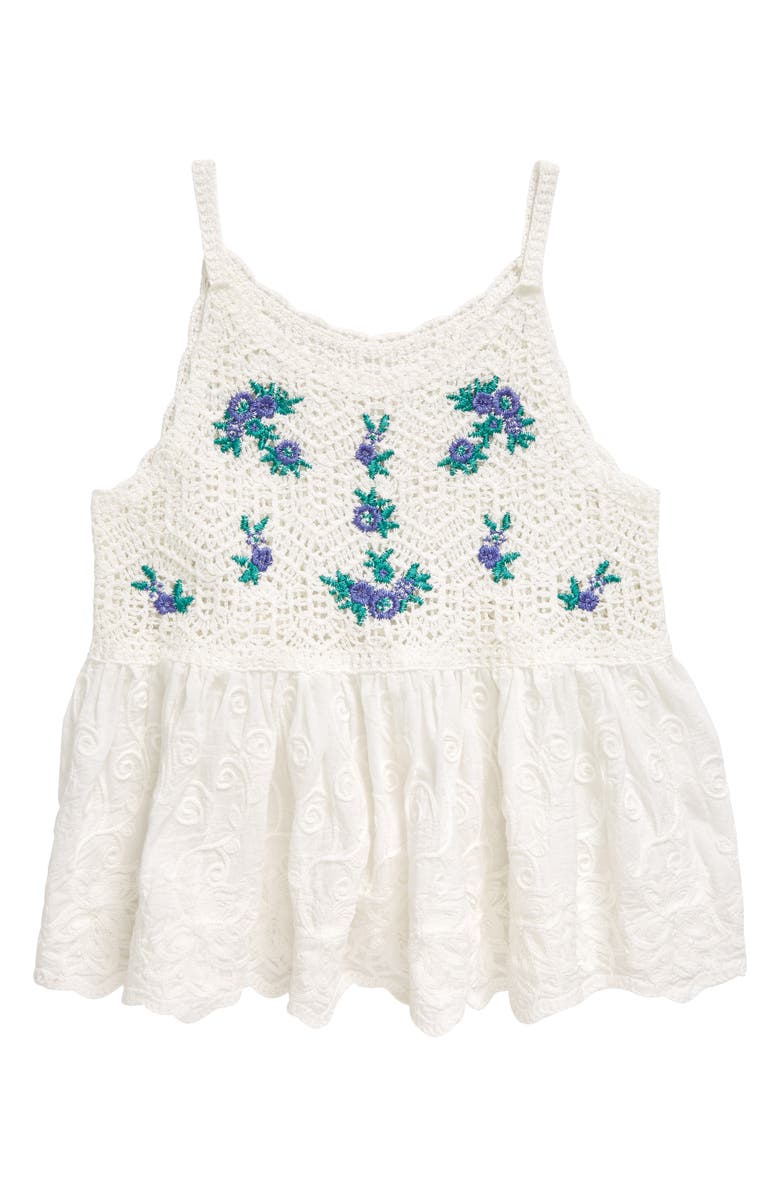 Freshman Kids' Embroidered Crochet Cotton Peplum Top, Main, color,