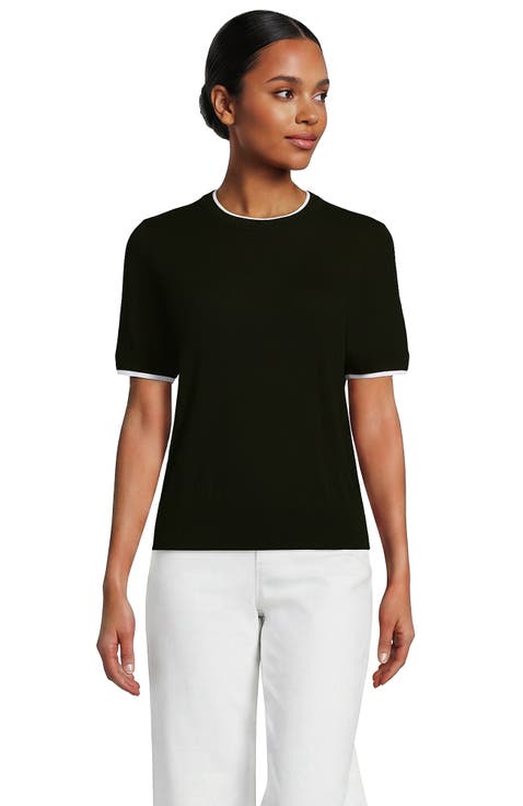 Double Trim Cotton Crew Neck Tee Sweater