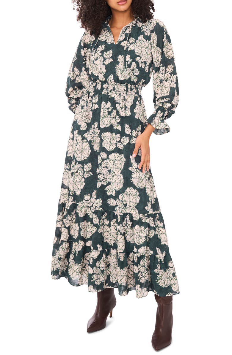 Vince Camuto Floral Jacquard Tiered Maxi Dress, Main, color, Forest Night