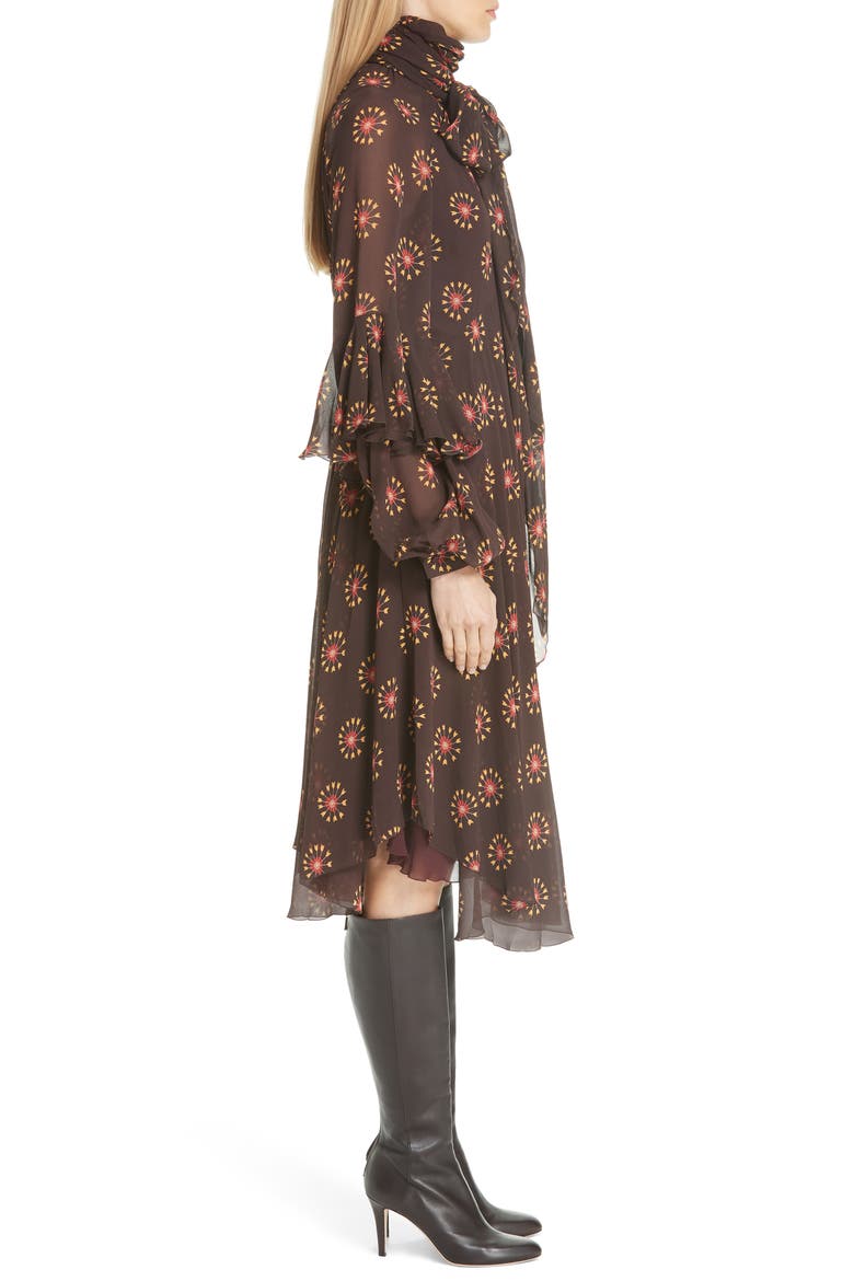 Ruffle Sleeve Print Silk Dress, Alternate, color, BROWN