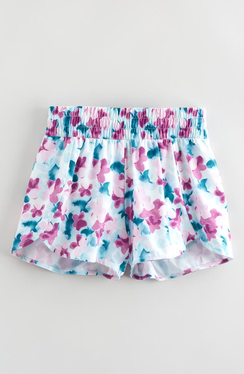 Zella Girl Kids' On Your Mark Shorts, Main, color, Purple Sugar Daisy Clouds