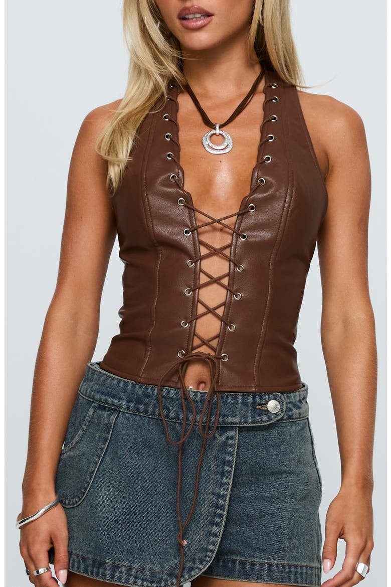 Light On Lace-Up Faux Leather Halter Top, Main, color, CHOCOLATE