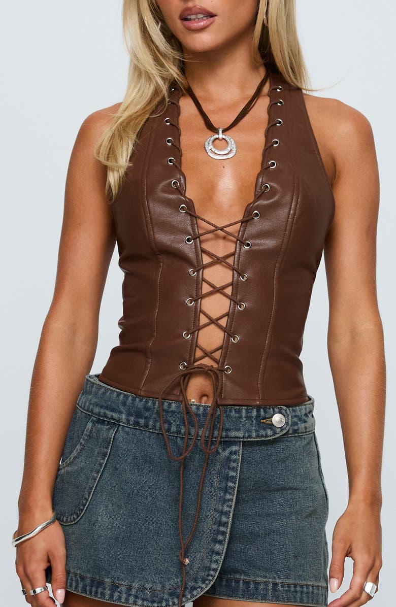 Princess Polly Light On Lace-Up Faux Leather Halter Top, Main, color, Chocolate