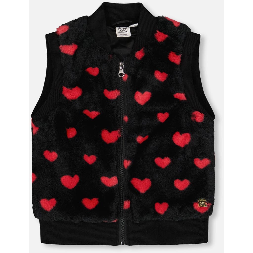 Deux Par Deux Faux Fur Sleeveless Vest With Hearts In Black