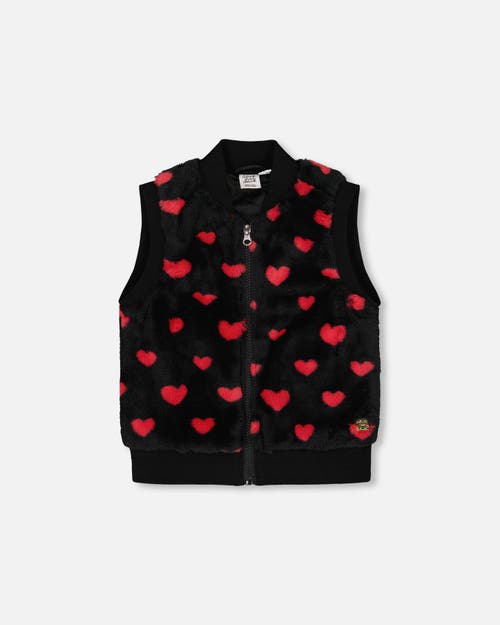 Deux Par Deux Faux Fur Sleeveless Vest With Hearts In Black