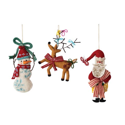 Embroidered Wool Felt Holiday Ornament Trio, Set of 3