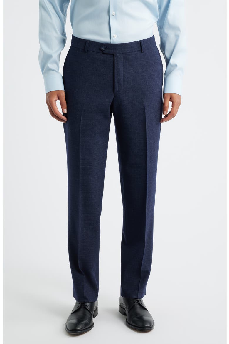 Saxony Trim Fit Flat Front Thatch Weave Wool Blend Dress Pants, Main, color, NAVY