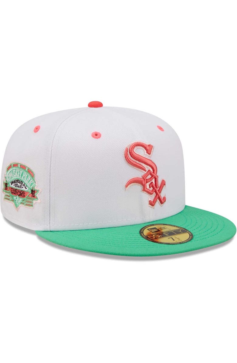 New Era Men's New Era White/Green Chicago White Sox Inaugural Season at Comiskey Park Watermelon Lolli 59FIFTY Fitted Hat, Main, color, White