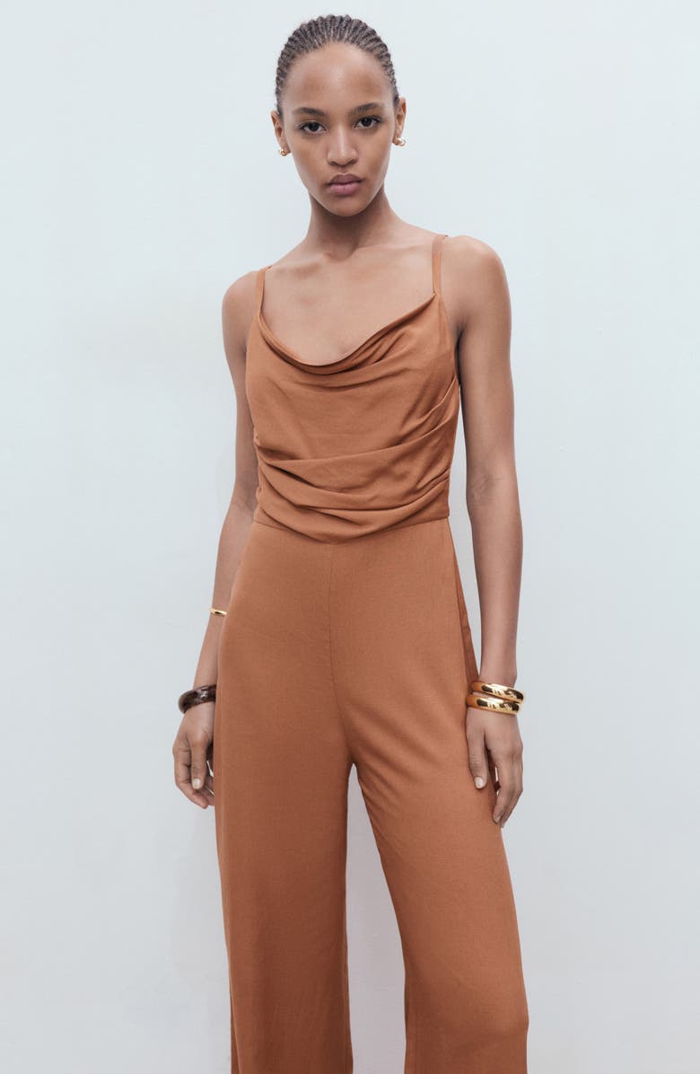 MANGO Cowl Neck Wide Leg Jumpsuit, Alternate, color, Brown