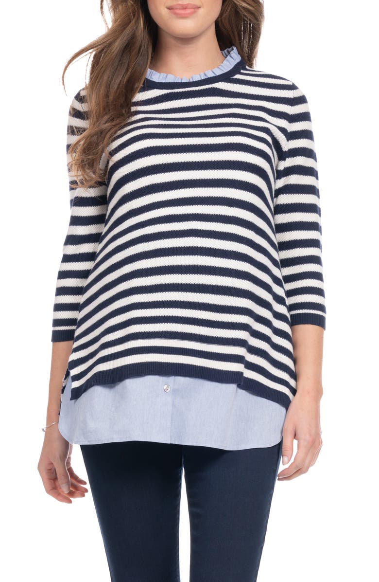 Seraphine Stripe Mixed Media Layered Maternity/Nursing Sweater, Main, color, 