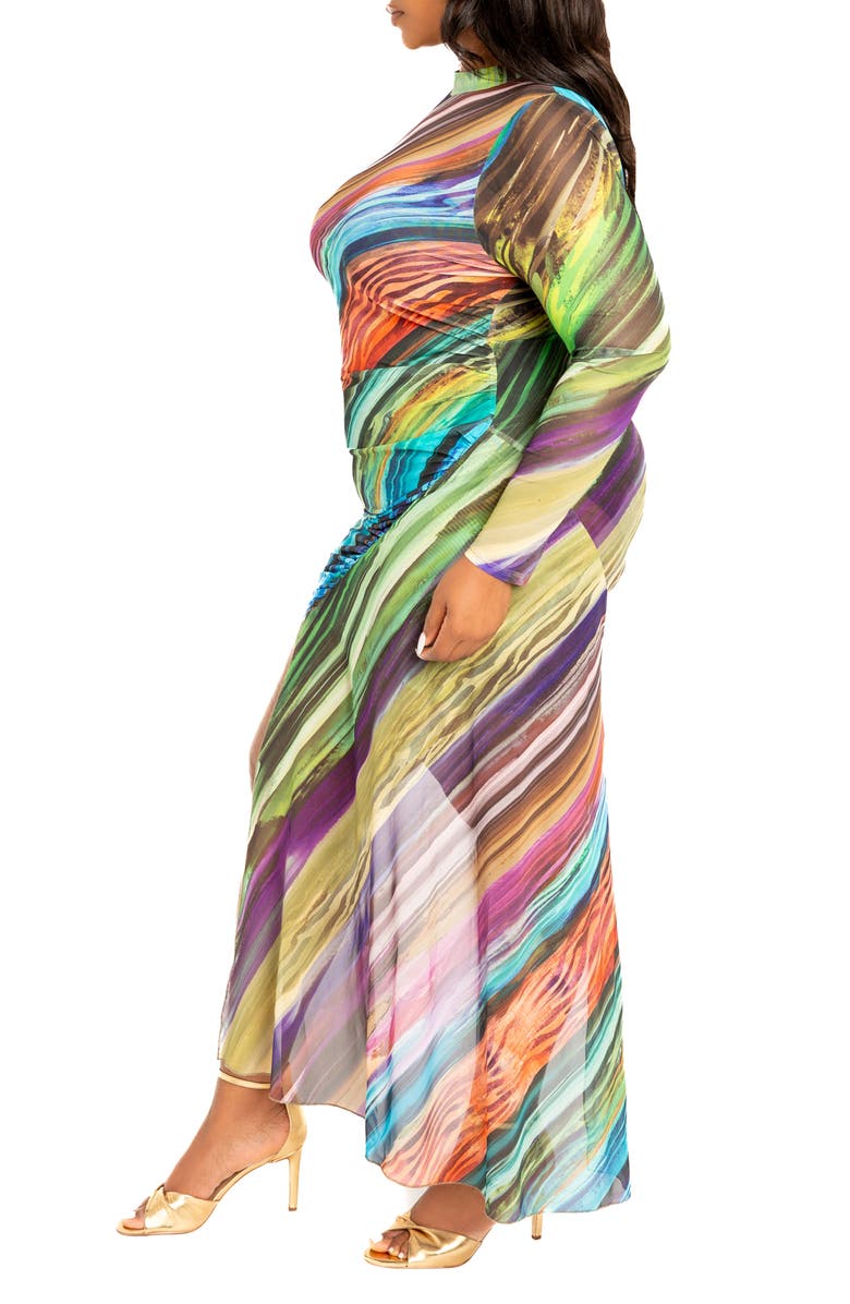 BUXOM COUTURE Print Asymmetric Long Sleeve Mesh Midi Dress, Alternate, color, Multi