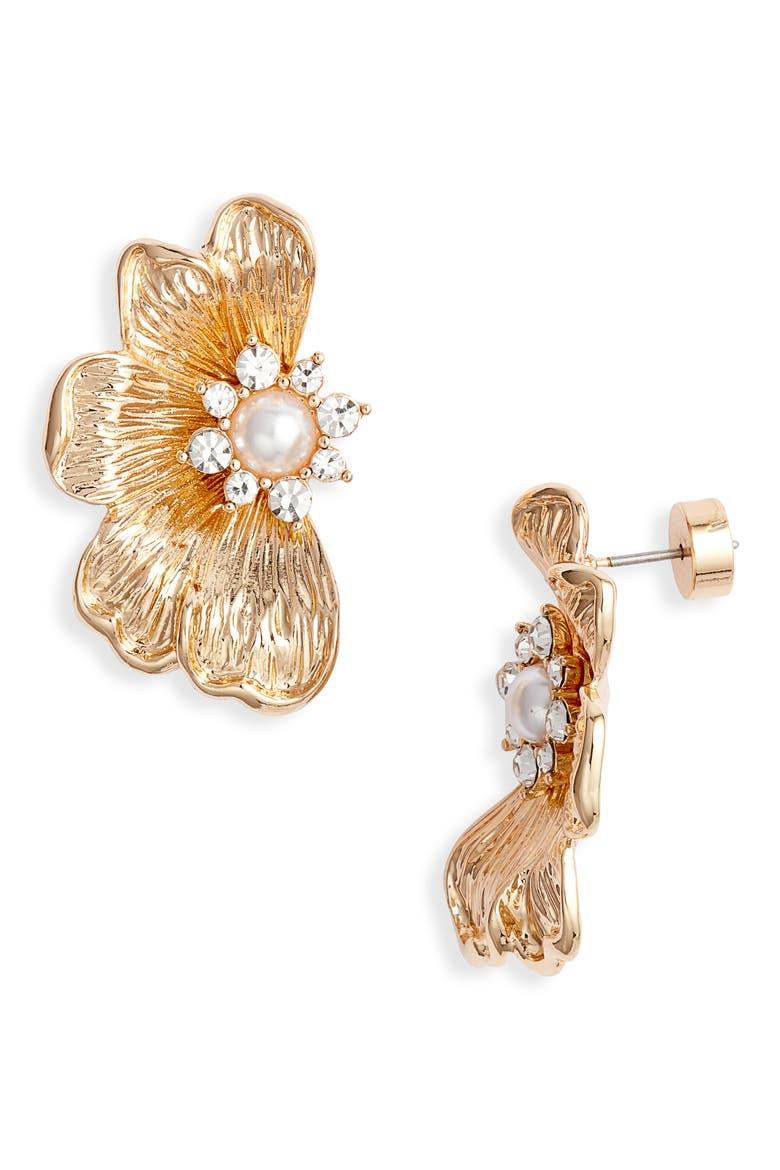 Faux Pearl Flower Stud Earrings, Main, color, CLEAR- WHITE- GOLD