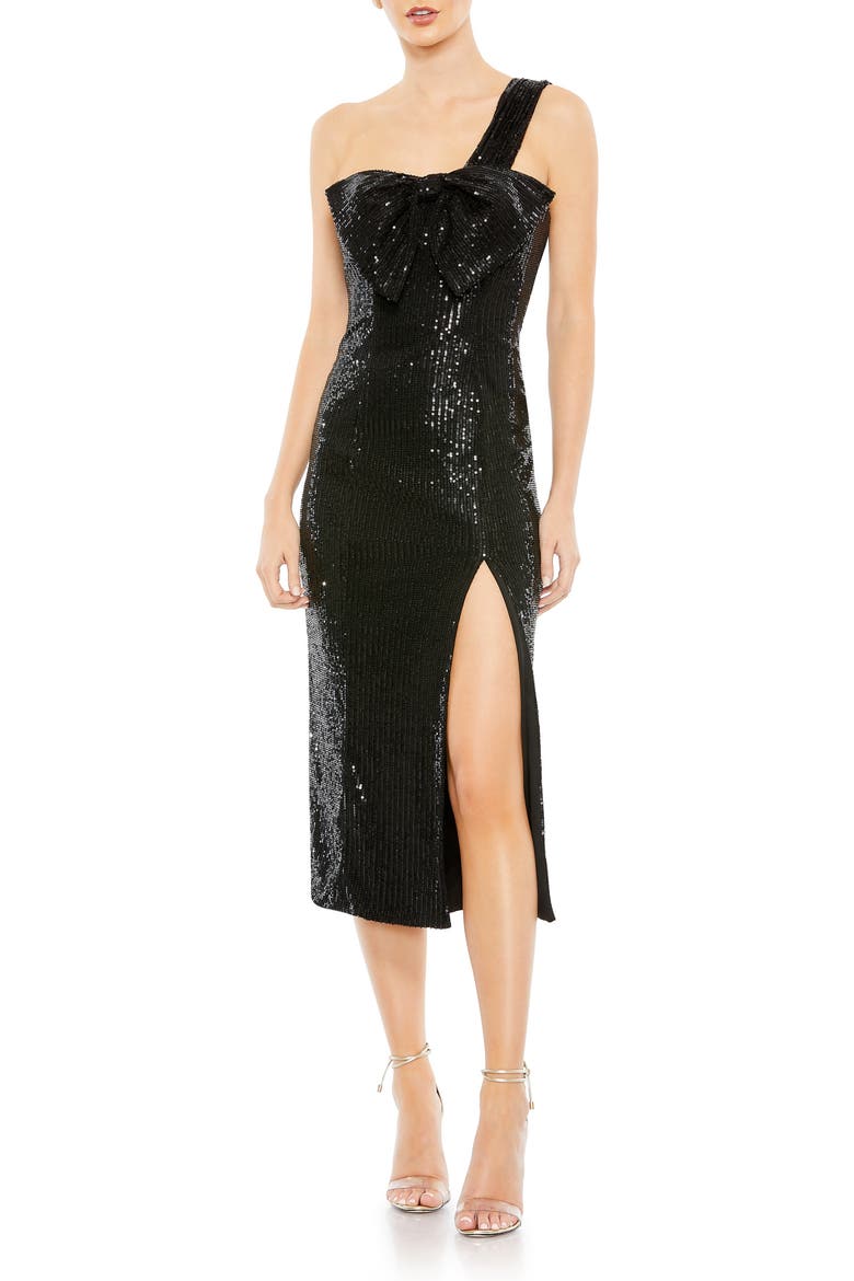 Sequined One Shoulder Front Bow Dress, Main, color, BLACK