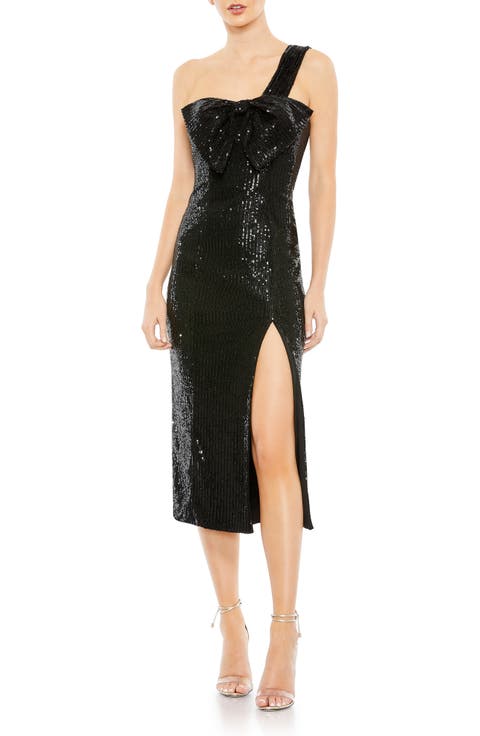 Sequined One Shoulder Front Bow Dress