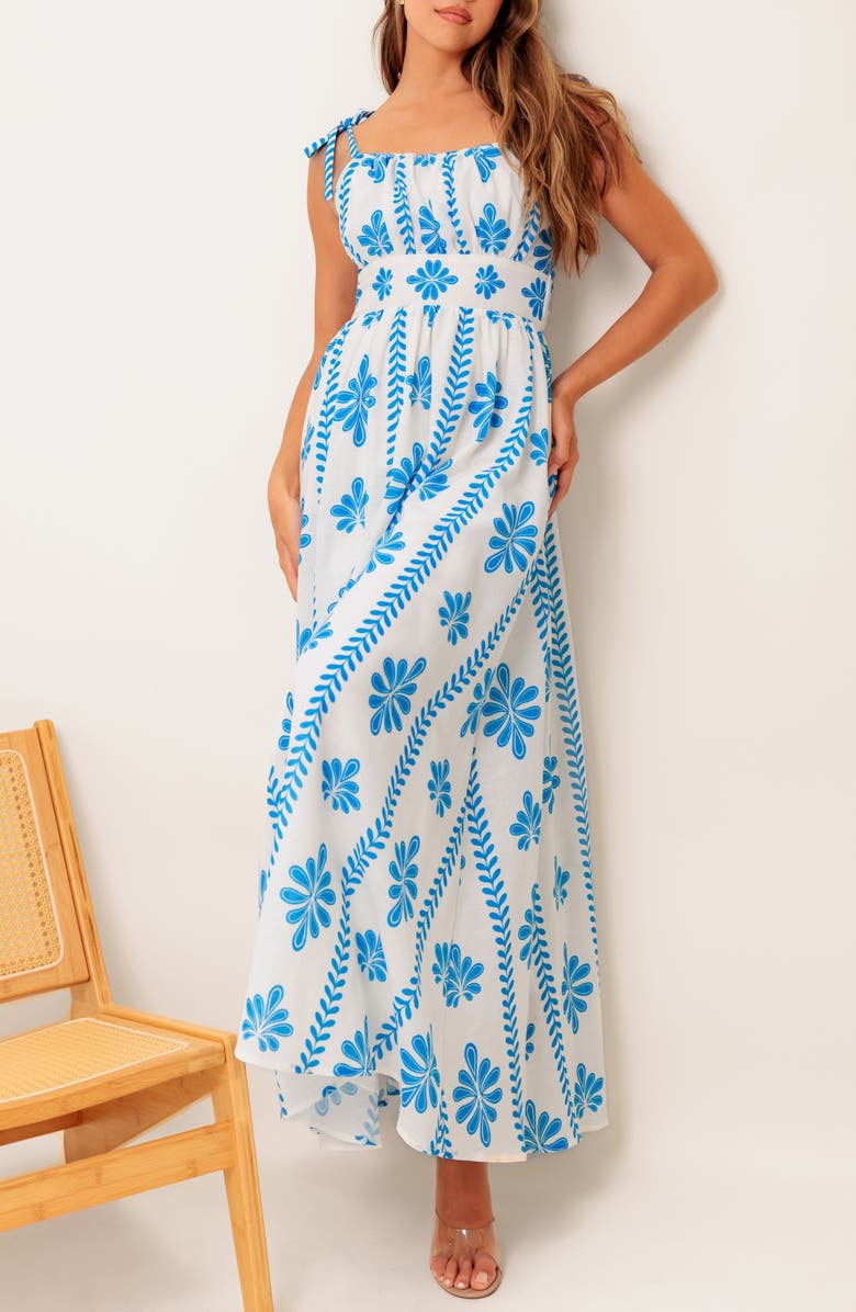 FLYING TOMATO Tie Shoulder Maxi Dress, Alternate, color, Ivory Blue