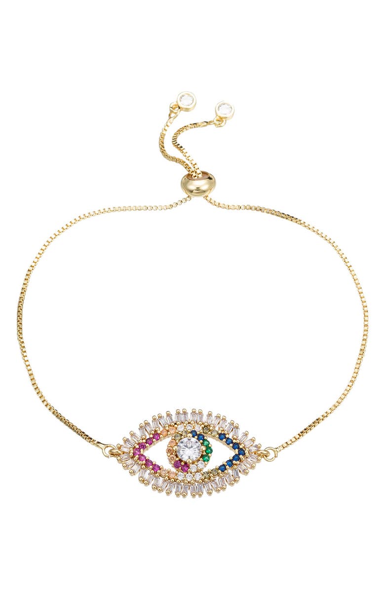 EYE CANDY LOS ANGELES Rainbow CZ Evil Eye Bolo Bracelet, Main, color, Gold