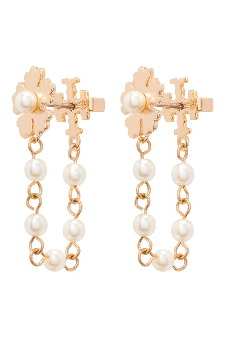 Forget Me Not Mother of Pearl Chain Earrings, Alternate, color, TORY GOLD / CREAM
