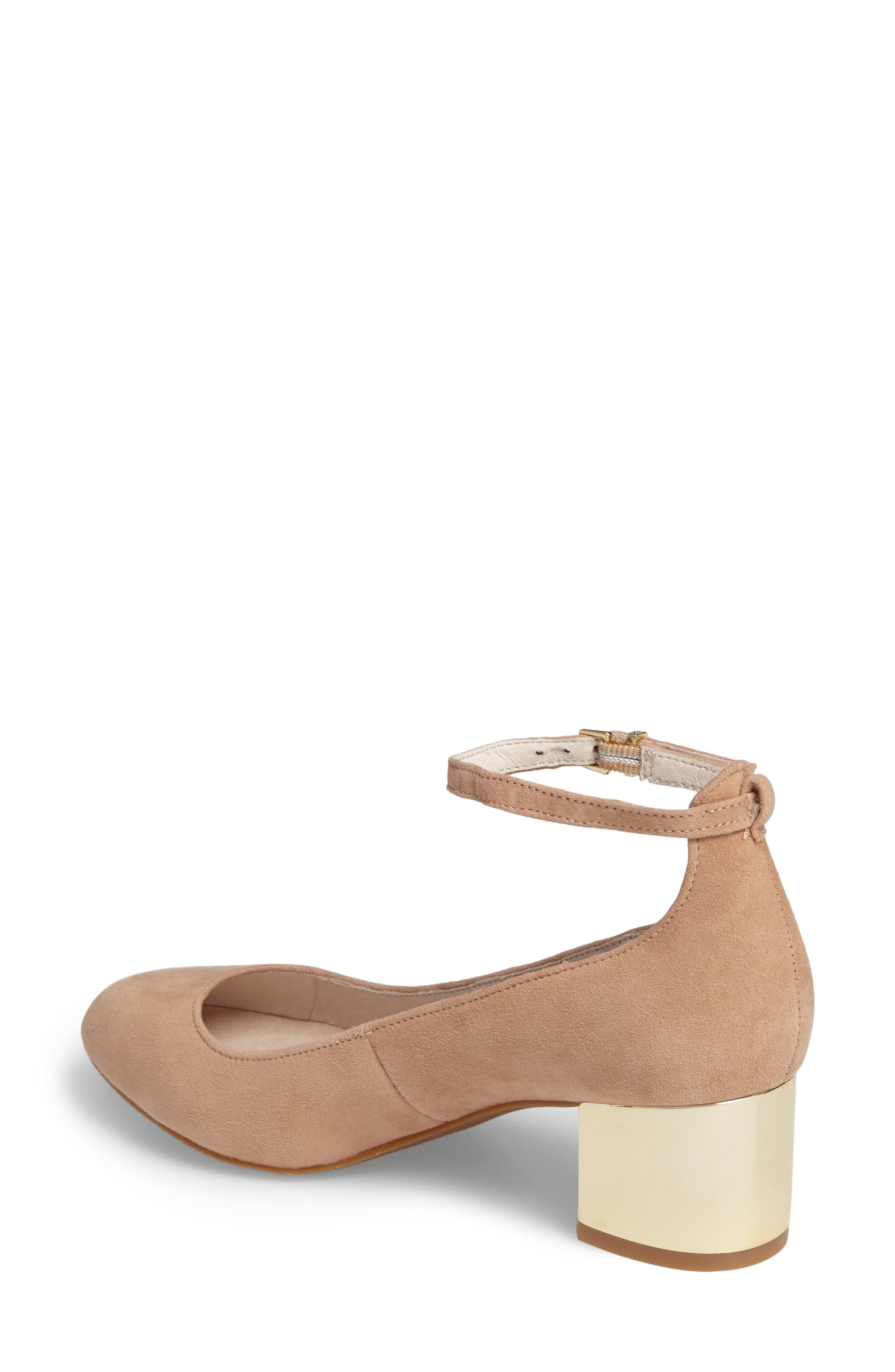Thalia Studded Ankle Strap Pump, Alternate, color, BUFF/ GOLD SUEDE