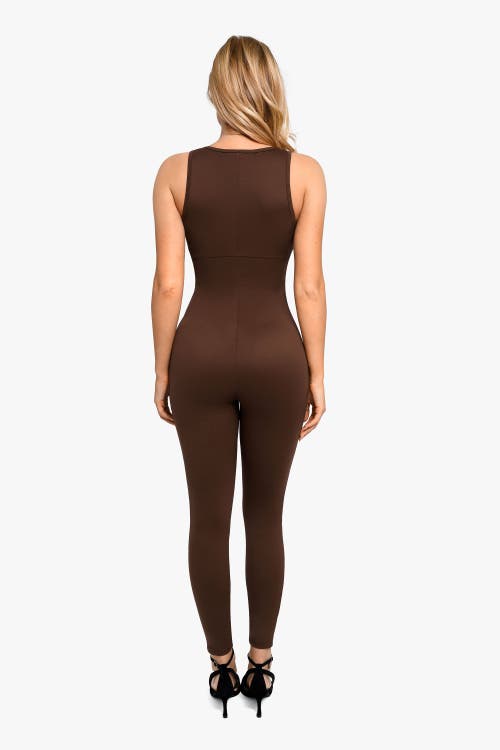Popilush Shapewear Sleeveless Body-sculpting Zip Front Jumpsuit In Dark Caramel