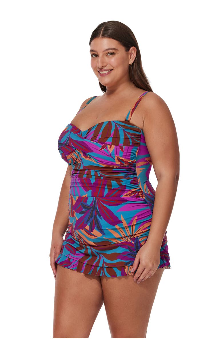 Profile by Gottex Plantopia Plus Size Bandeau Swimdress, Alternate, color, Multi-Teal
